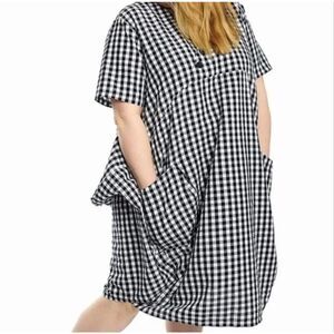 NWT DUBGEE Whoopi Cocoon Dress 1X Navy Blue White Gingham Pockets Boho Swing New